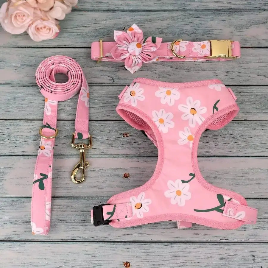 Cute Girl Dog Collars, Harnesses amp Leashes Set Adjustable Dog Collar and Leash Set with Flower Soft Mesh Dog Vest Harness for