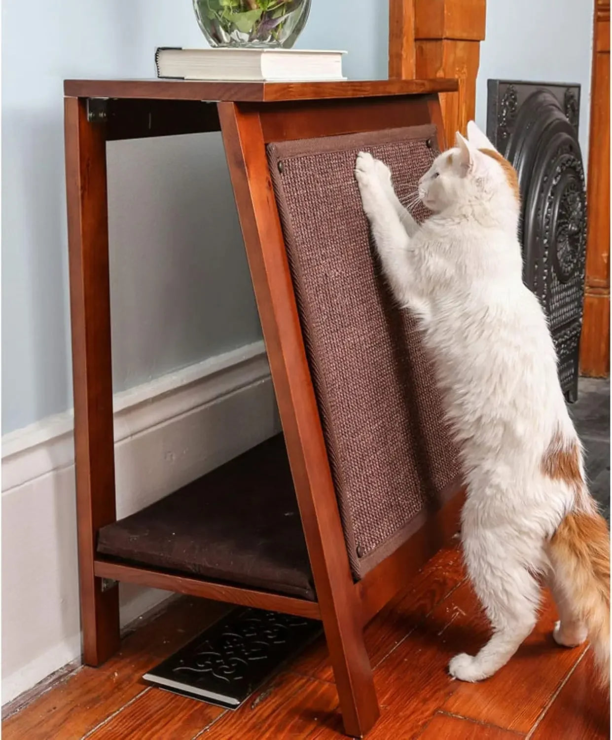 Wooden Cat Furniture Bed Scratching Post, End Table with Durable Sisal Board Scratcher Pad for Kitty