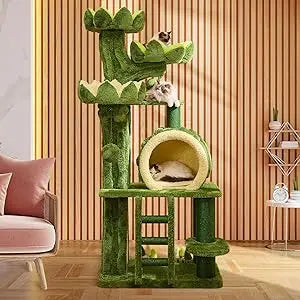90.5'' Luxury Cat Tree for Indoor Cats, All-in-One Tall Cat Tower with Scratching Post, Multi-Level House, Solid Wood Condo for