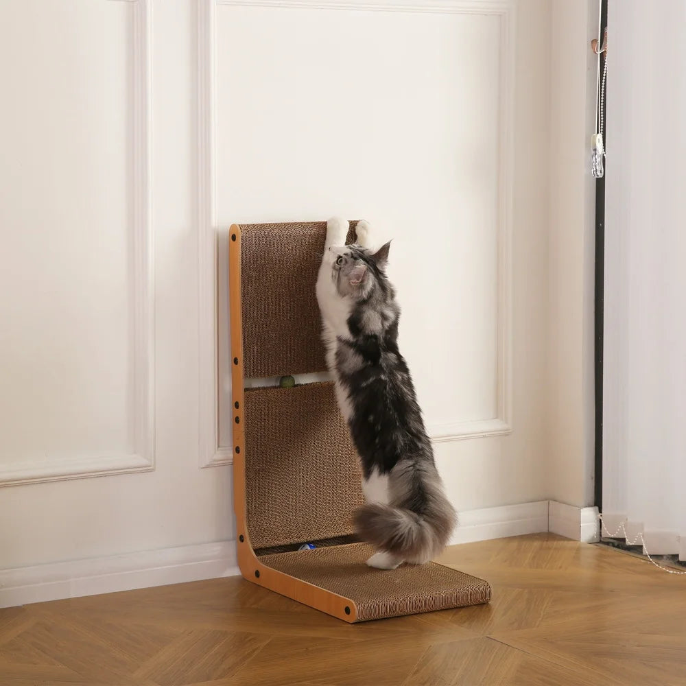 L Shape Cat Scratcher Durable Replaceable Scratching Pad with Catnip Toy Balls and Bell Engaging Fun and Furniture Protection