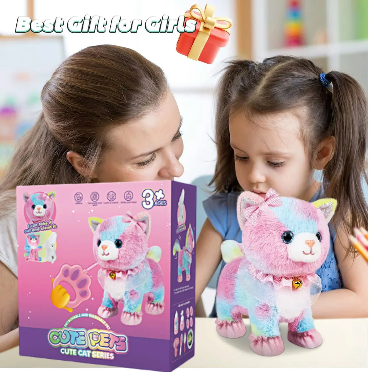 Touch&Voice Controlled Remote Lifelike Walking Cat Toy with Leash,Can Walk, Meow, and Wags Tail, Best Gift for Girls Ages 3+