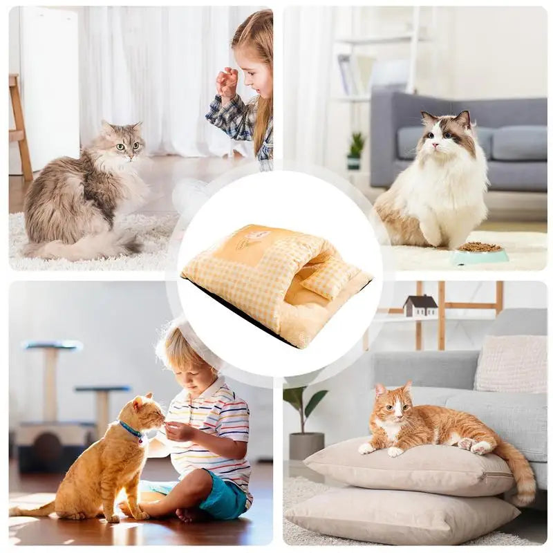 Cat Sleeping Bag Semi-Enclosed Puppy Kitten Warm Comfortable Bed With Pillow Plaid Pet Winter Thickened Plush Pocket Type Nest