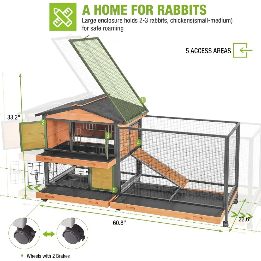 Rabbit Hutch with Chew-Resistant Metal Frame Indoor Bunny Cage Outdoor Rabbit Cage with Wheels and Leakproof Tray