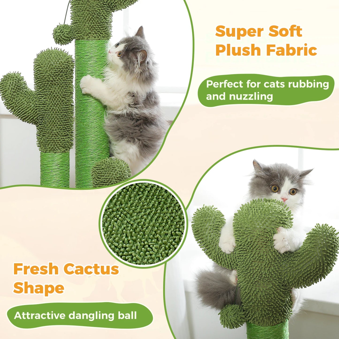 Cactus Cat Scratching Post with 3 Sisal Scratching Poles and Interactive Dangling Ball Tall Cat Scratcher for Indoor Cat Toys