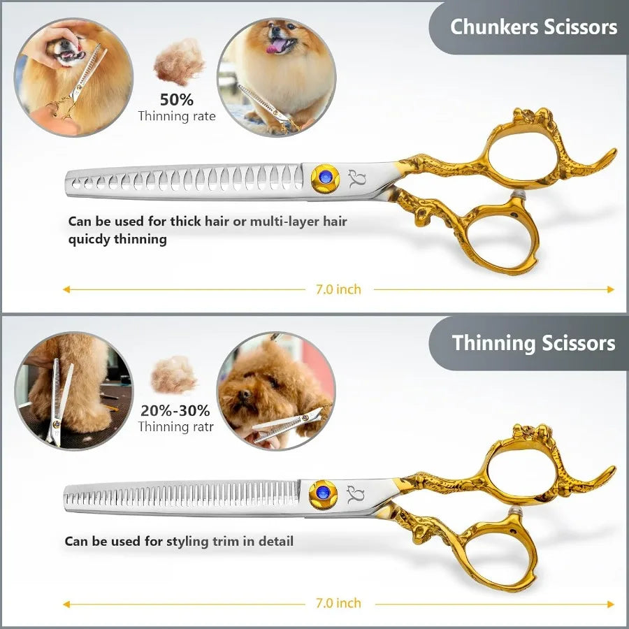 Dog Grooming ScissorsThinning Shear Chunkers Shears and Curved scissors with Safety Round Tips Sharp 3 in 1 Dog Scissors for Gr