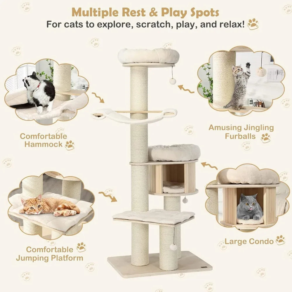 Large Multi-Level Modern Cat Tower with Condo, Hammocks, Hanging Basket, Sisal Posts, Tall Cat Tree for Play and Rest