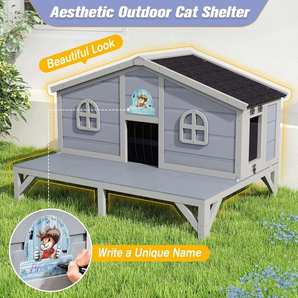 Outdoor Feral Cat House, Large Wooden Outside Cat Shelter with Balcony, Sloped Weathproof Roof, Elevated Legs, Escape Doors, Gre
