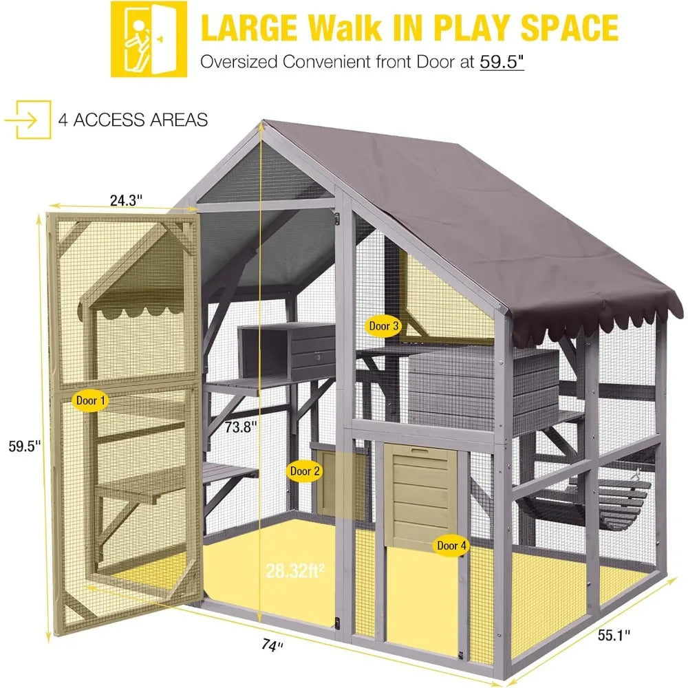 Catio Outdoor Cat Enclosure Large Cat Run with Bridges, Walks, Small Houses, Roof Cover 28.27 ft²