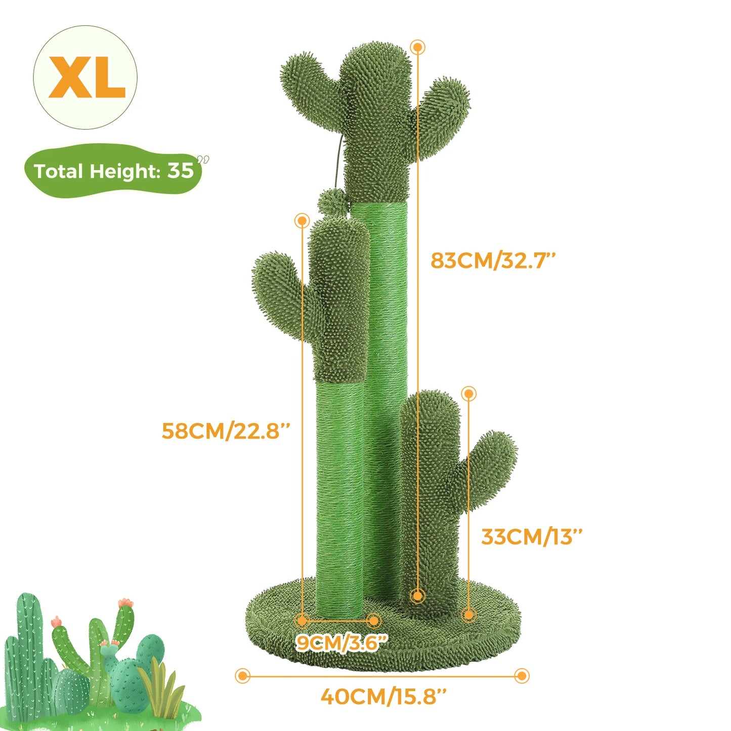 Cactus Cat Scratching Post with 3 Sisal Scratching Poles and Interactive Dangling Ball Tall Cat Scratcher for Indoor Cat Toys