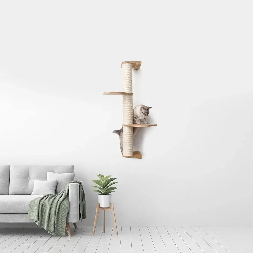 Cat Scratching Post –3-Tier Cat Wall Scratcher w/Cat Shelves -Bamboo and Sisal Cat Scratcher Post – Durable Cat Scratching Posts