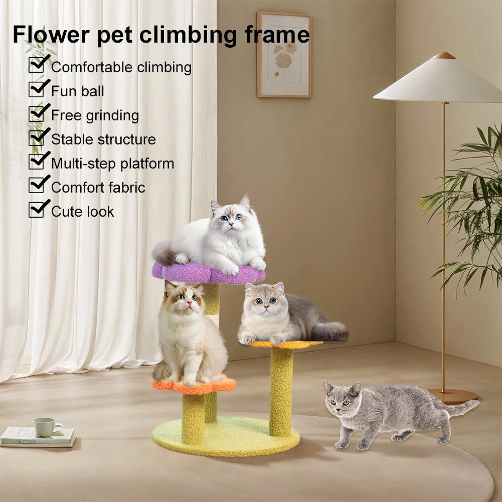 Flower Cat Tree Tower Cat Climbing Frame Sisal Wrapped Small Cat Tower Multi-Function Interactive Cat Tower 3 Layer Pet Supplies