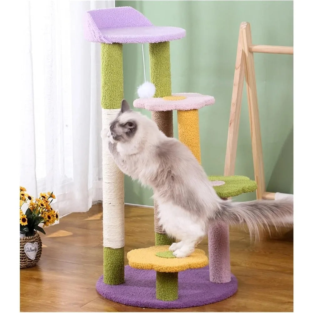 Three-Layer Cat Climbing Tower with Flower Design, Litter Included, Scratching Post, and Toys for One Cat's Play and Comfort