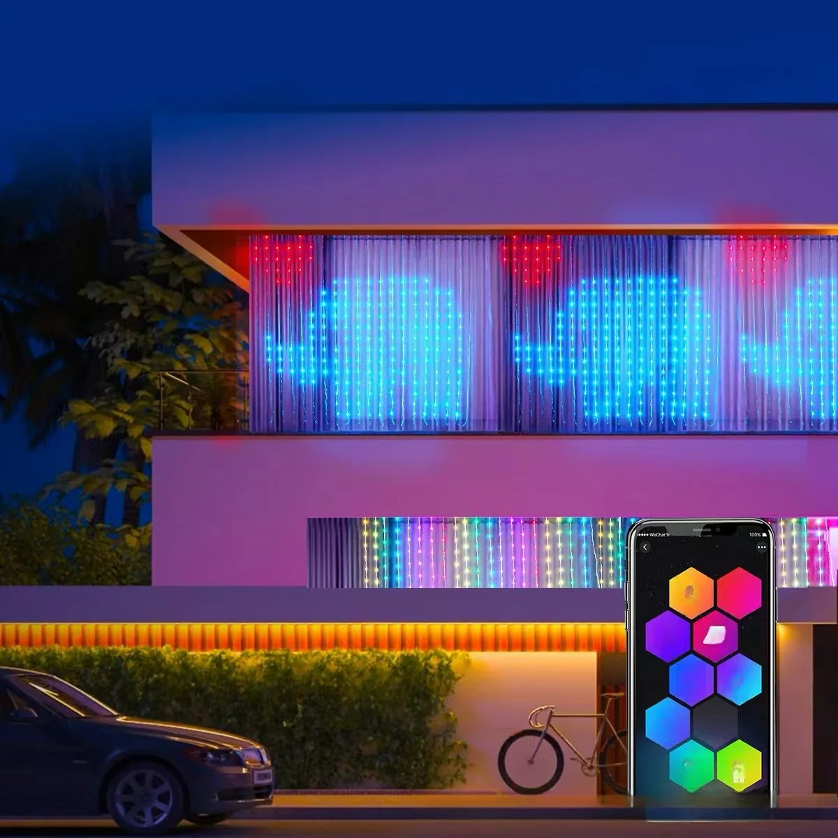 LED smart curtain string light with remote control and local music synchronized Christmas outdoor fairy tale themed decoration