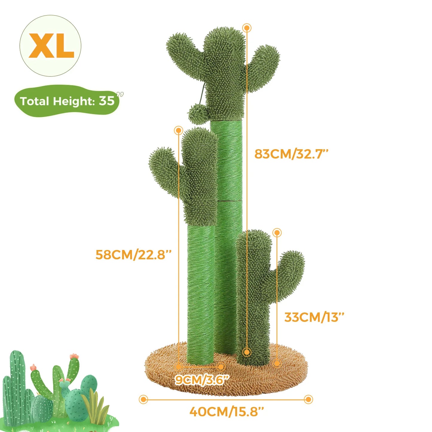 Cactus Cat Scratching Post with 3 Sisal Scratching Poles and Interactive Dangling Ball Tall Cat Scratcher for Indoor Cat Toys