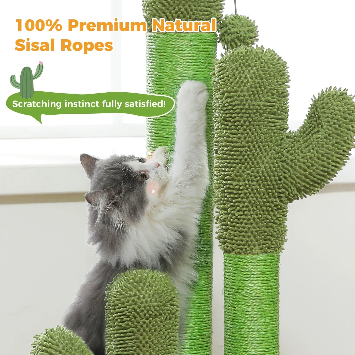 Cactus Cat Scratching Post with 3 Sisal Scratching Poles and Interactive Dangling Ball Tall Cat Scratcher for Indoor Cat Toys