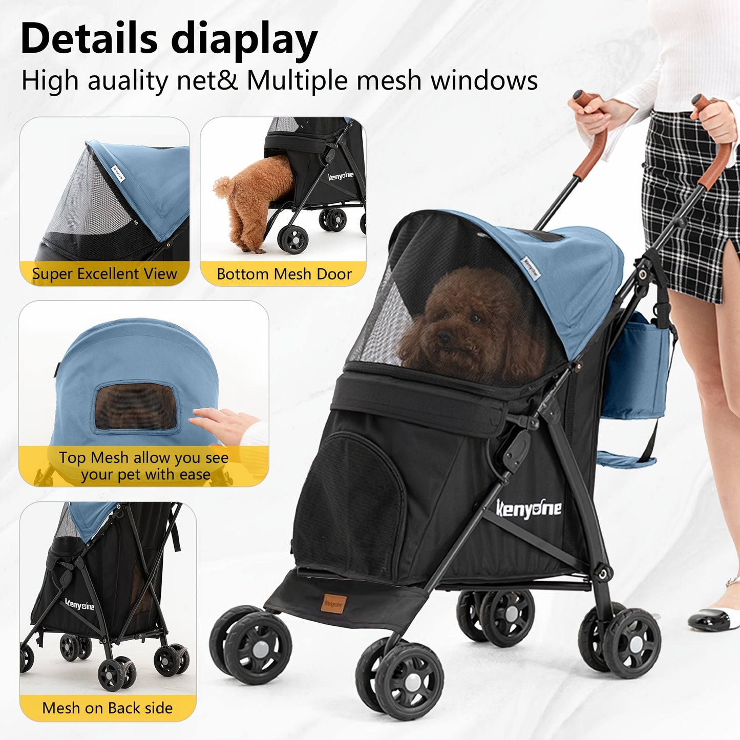 Kenyone Dog Stroller For Small Dogs & Cats - Lightweight, Premium, Portable & Compact Travel Stroller - For Puppies, Small & Medium Dogs & Cats - Suitable for Everyday Walks & Travel - Perfect Gift for Pet Owners
