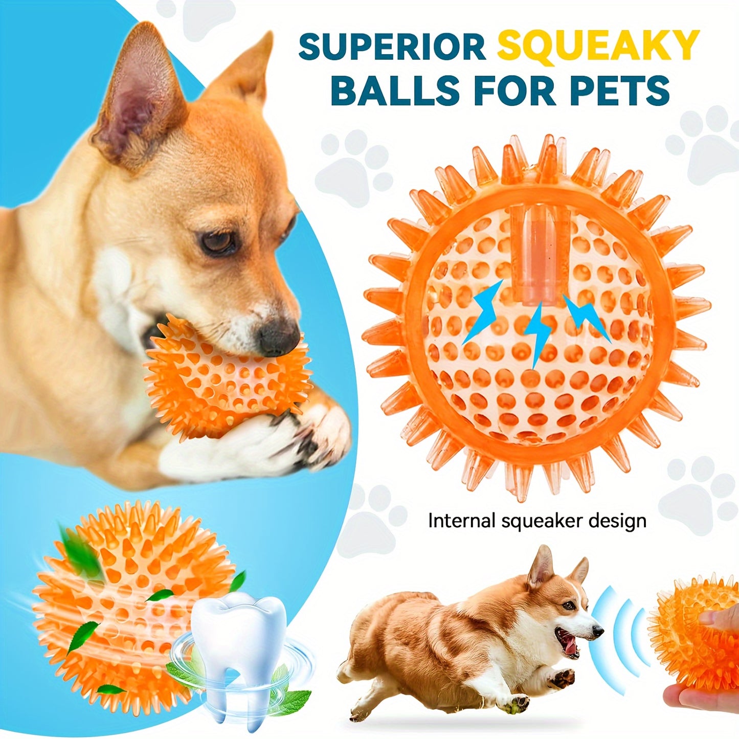 3.5" Large Dog Toys Ball, 6 Pack Squeaky Dog Toys, Durable Dog Toys For Aggressive Chewers, Spiky Dog Ball For Clean Teeth And Training, Fetch Toys For Large Dogs, Puppy Chew Toys For Teething