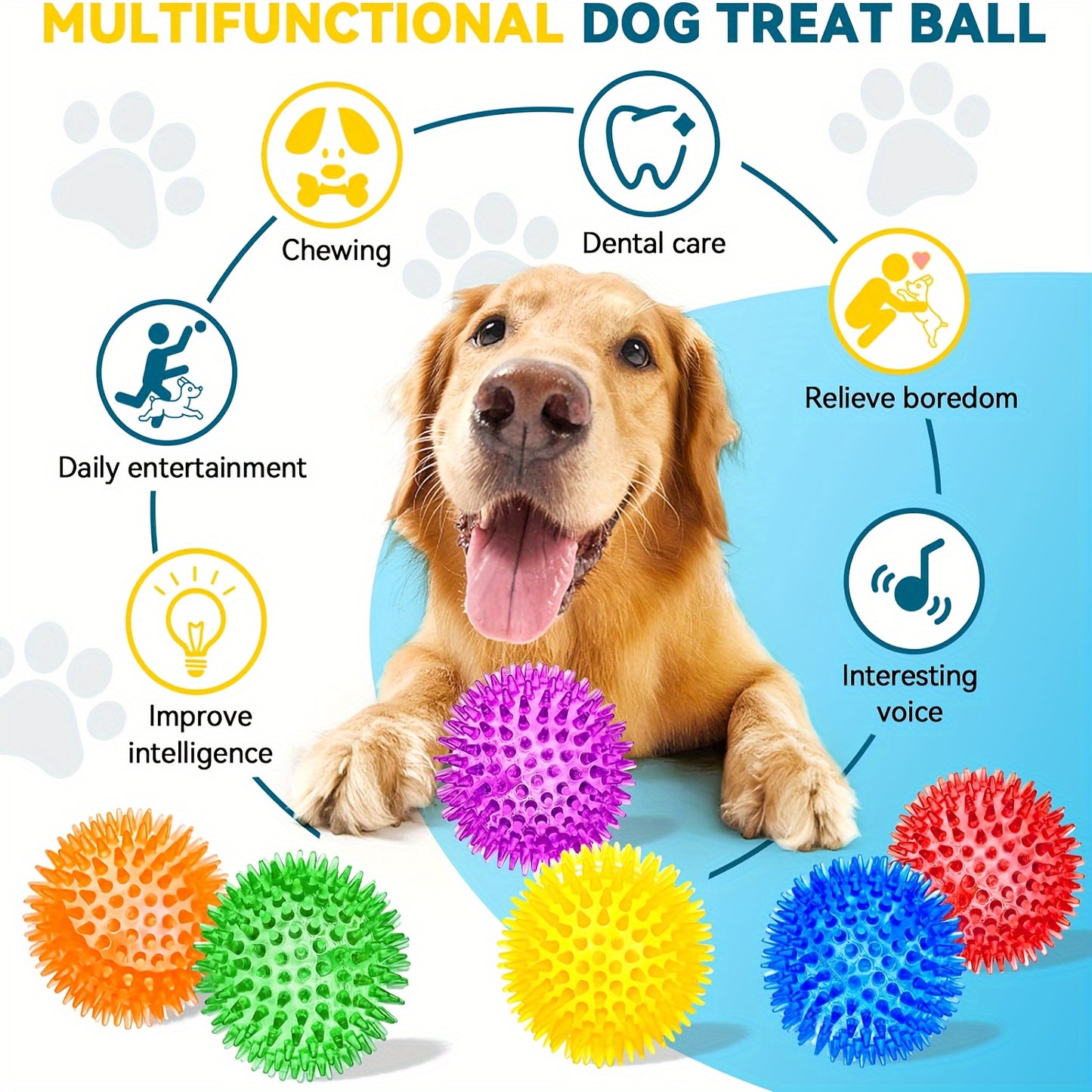 3.5" Large Dog Toys Ball, 6 Pack Squeaky Dog Toys, Durable Dog Toys For Aggressive Chewers, Spiky Dog Ball For Clean Teeth And Training, Fetch Toys For Large Dogs, Puppy Chew Toys For Teething