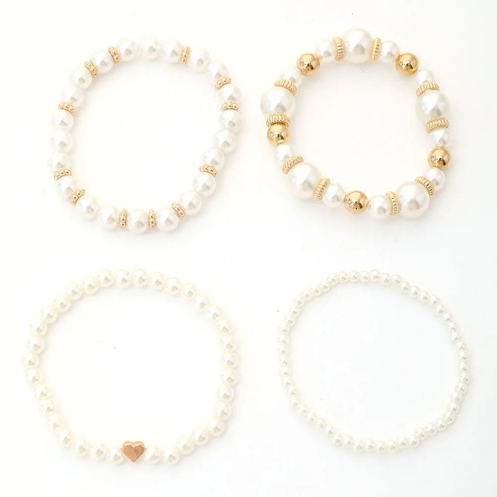 4pcs/Set Simple White Faux Pearls Beads Beaded Heart Temperament Bracelet Set Elegant Handmade Hand String Jewelry Accessory