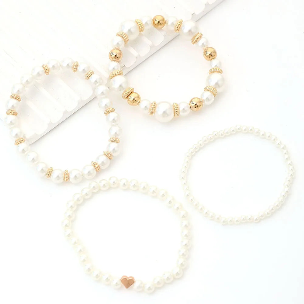 4pcs/Set Simple White Faux Pearls Beads Beaded Heart Temperament Bracelet Set Elegant Handmade Hand String Jewelry Accessory