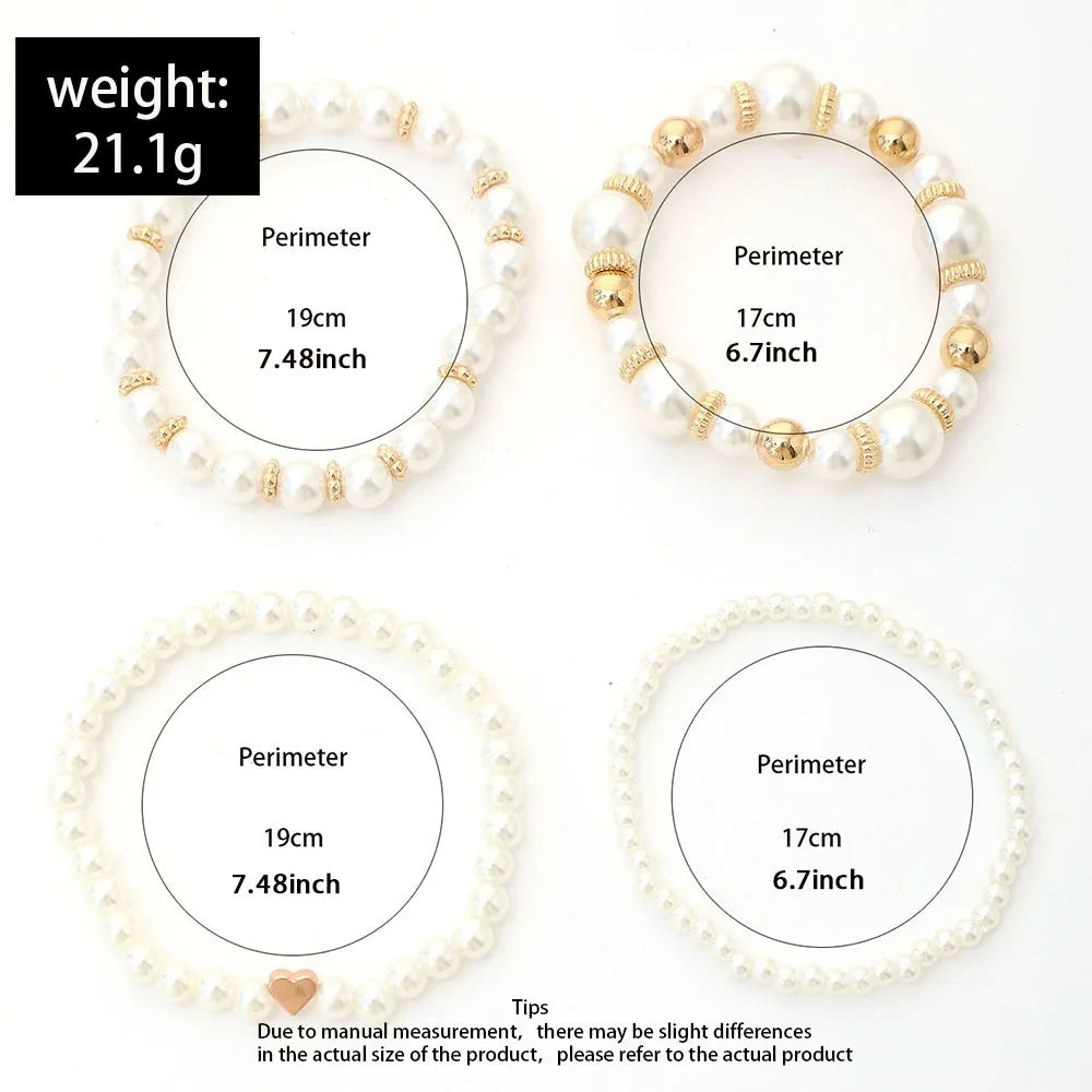 4pcs/Set Simple White Faux Pearls Beads Beaded Heart Temperament Bracelet Set Elegant Handmade Hand String Jewelry Accessory