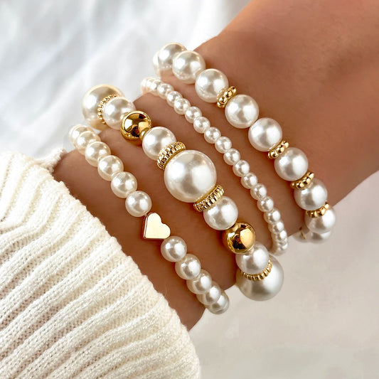 4pcs/Set Simple White Faux Pearls Beads Beaded Heart Temperament Bracelet Set Elegant Handmade Hand String Jewelry Accessory