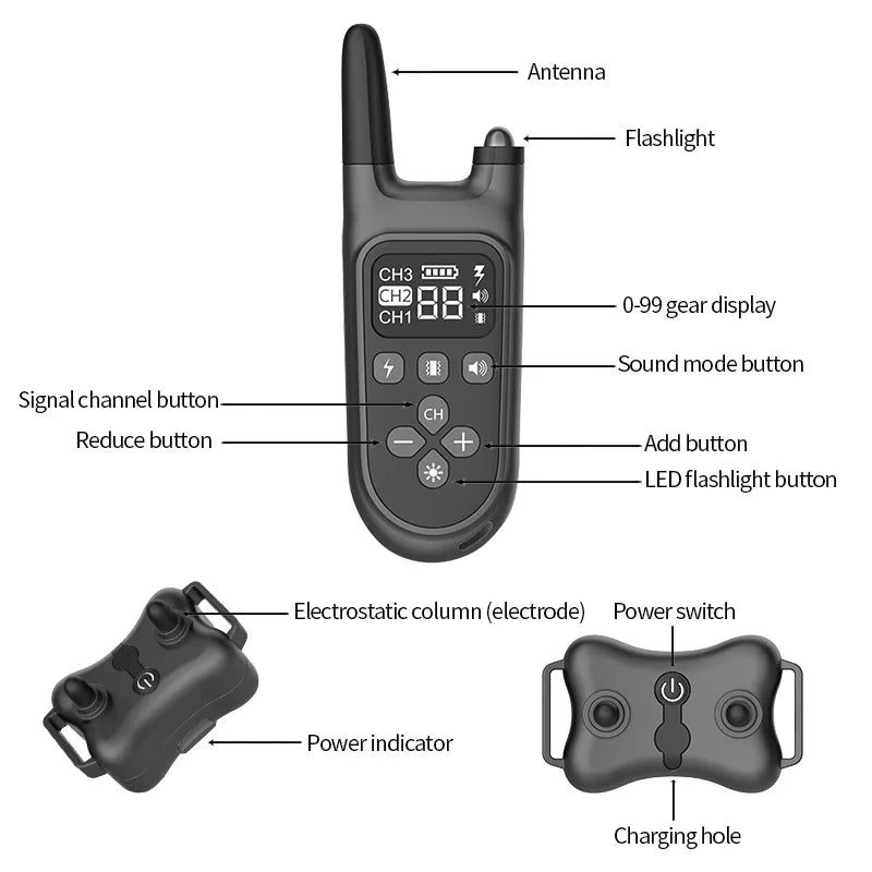 Hot sale Black 800m Electric Dog Training Collar with Shock Vibration Sound Remote Control Pet Training Artifact Bark Stopper