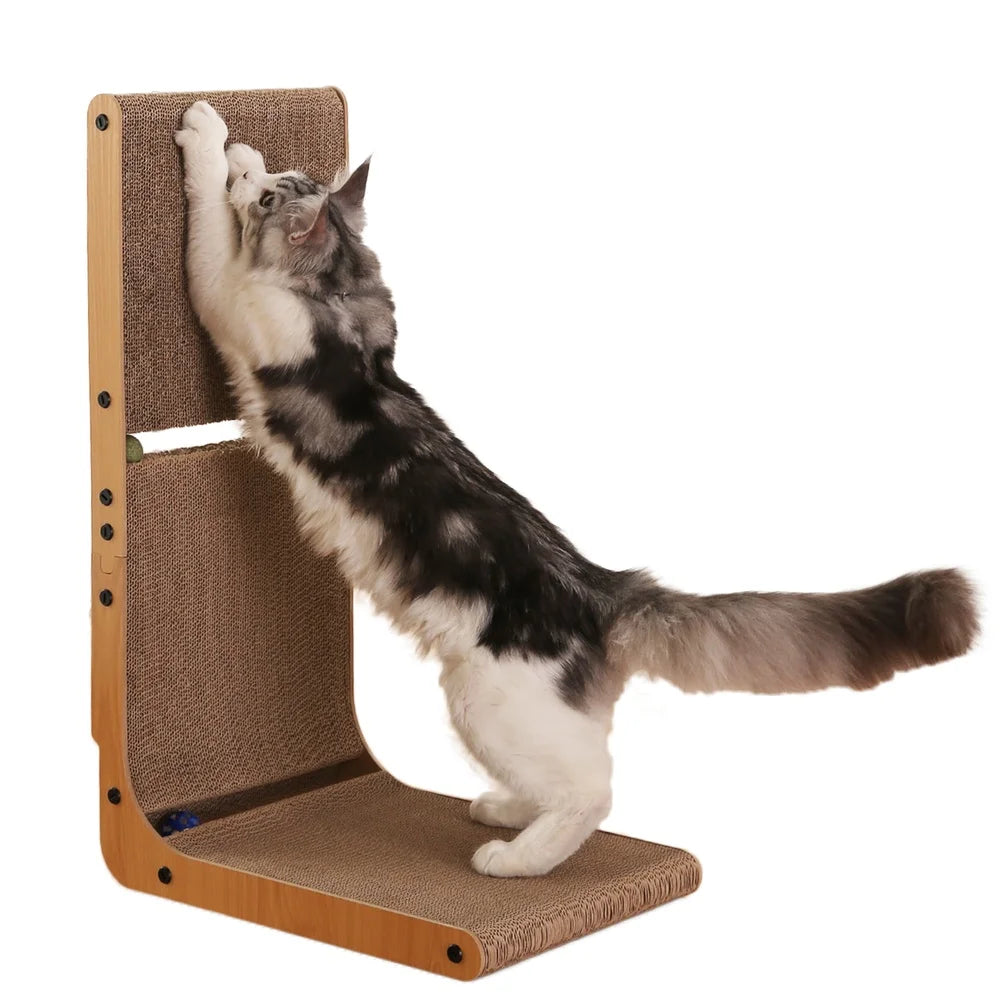 L Shape Cat Scratcher Durable Replaceable Scratching Pad with Catnip Toy Balls and Bell Engaging Fun and Furniture Protection