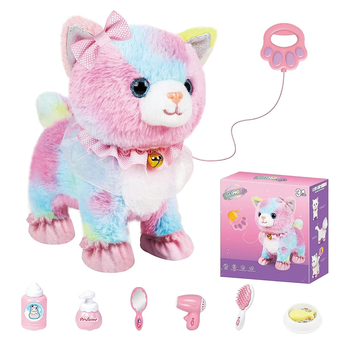 Touch&Voice Controlled Remote Lifelike Walking Cat Toy with Leash,Can Walk, Meow, and Wags Tail, Best Gift for Girls Ages 3+