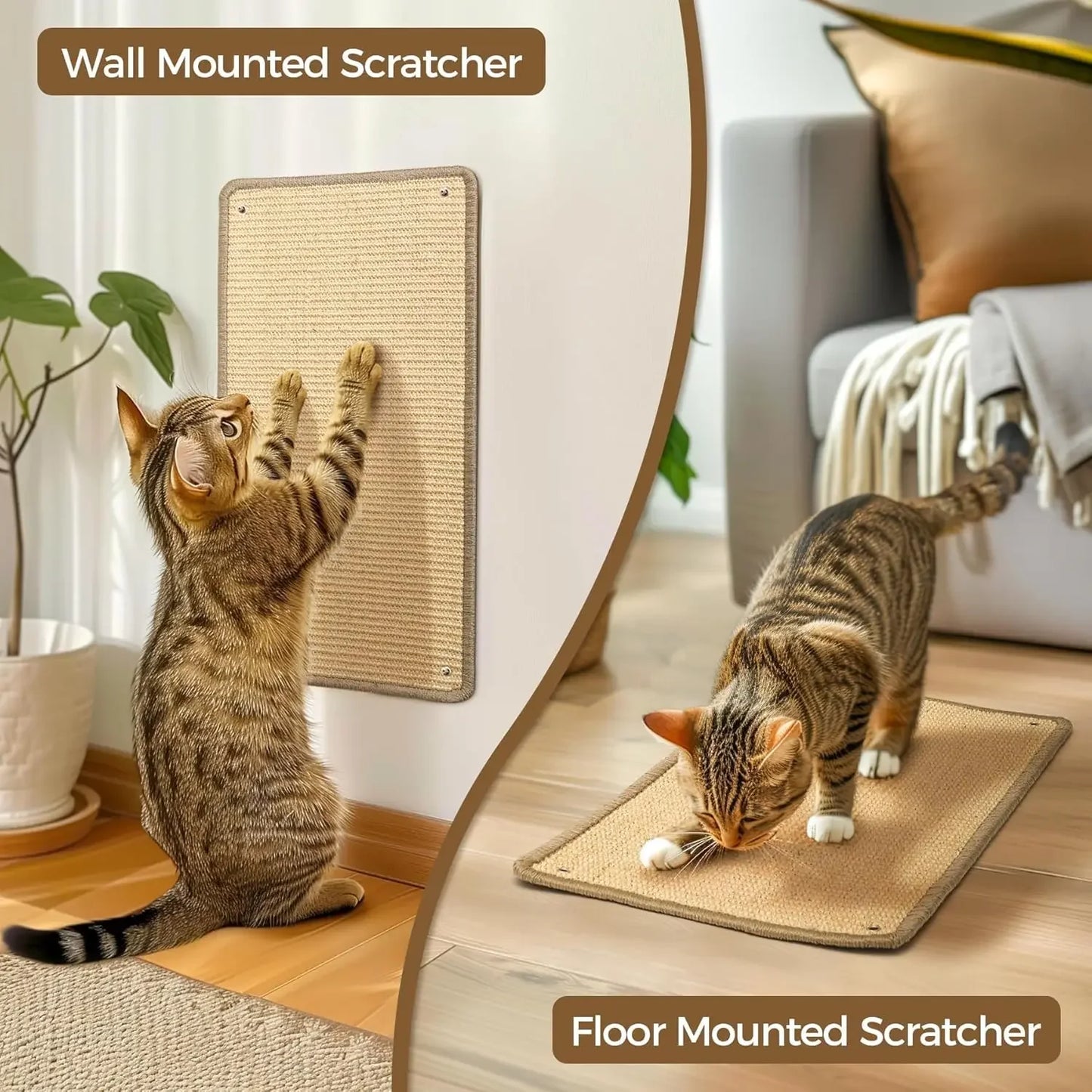 Wall Cat Scratching Board - Sisal Vertical Scratcher for Indoor Cats, Floor Mounted Pad with Adhesive, Reinstallable Protector