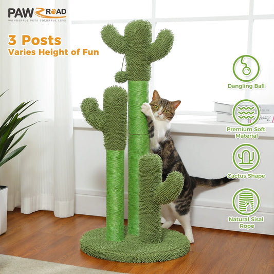 Cactus Cat Scratching Post with 3 Sisal Scratching Poles and Interactive Dangling Ball Tall Cat Scratcher for Indoor Cat Toys