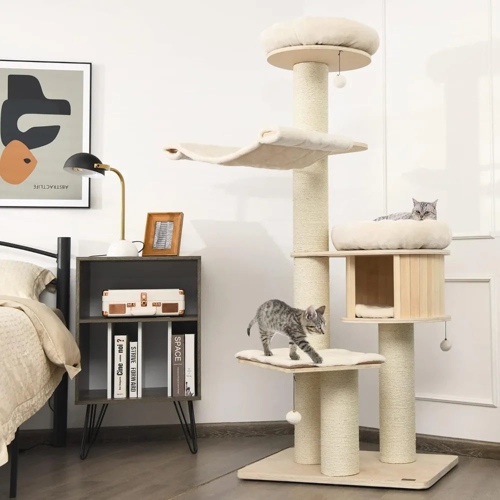 Large Multi-Level Modern Cat Tower with Condo, Hammocks, Hanging Basket, Sisal Posts, Tall Cat Tree for Play and Rest