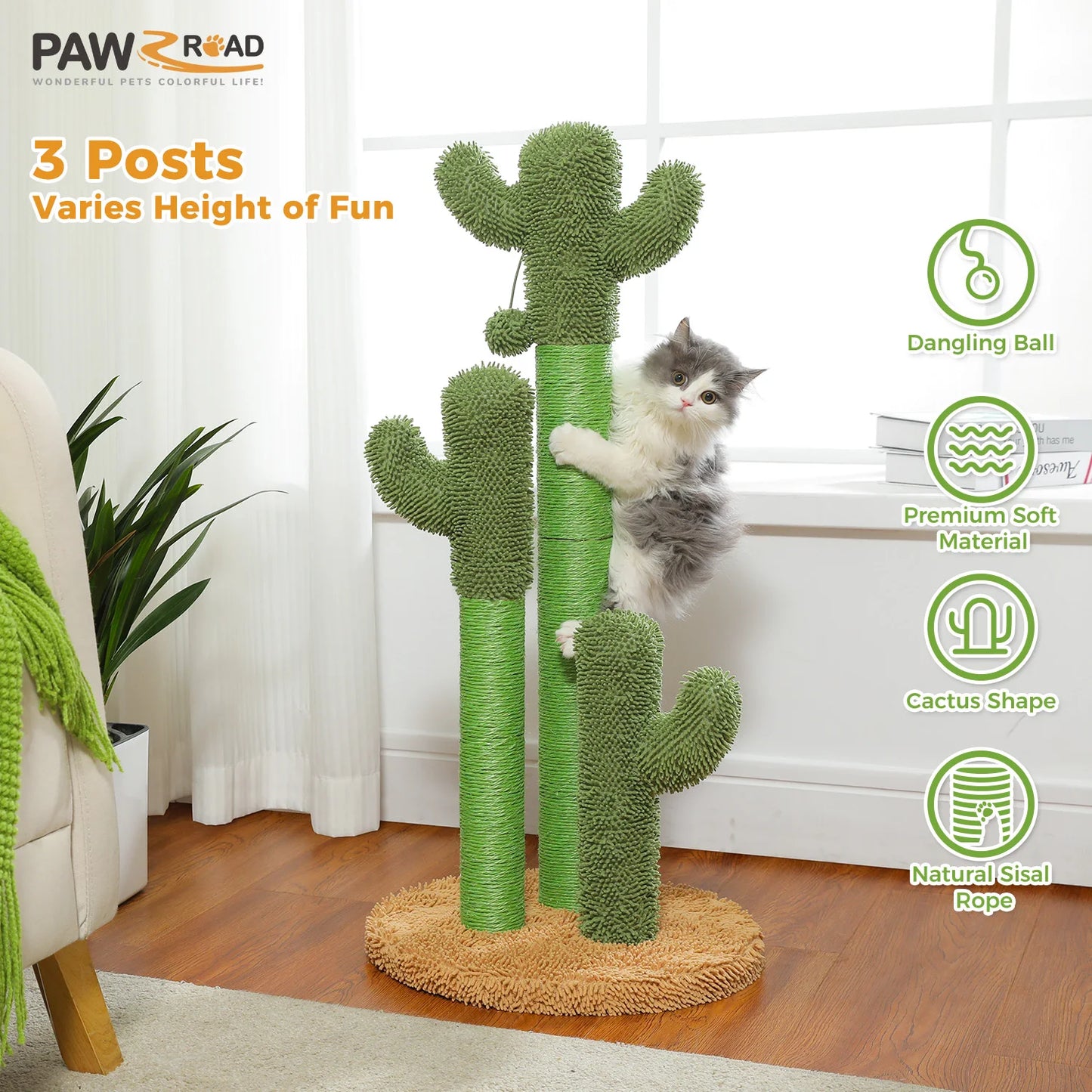 Cactus Cat Scratching Post with 3 Sisal Scratching Poles and Interactive Dangling Ball Tall Cat Scratcher for Indoor Cat Toys