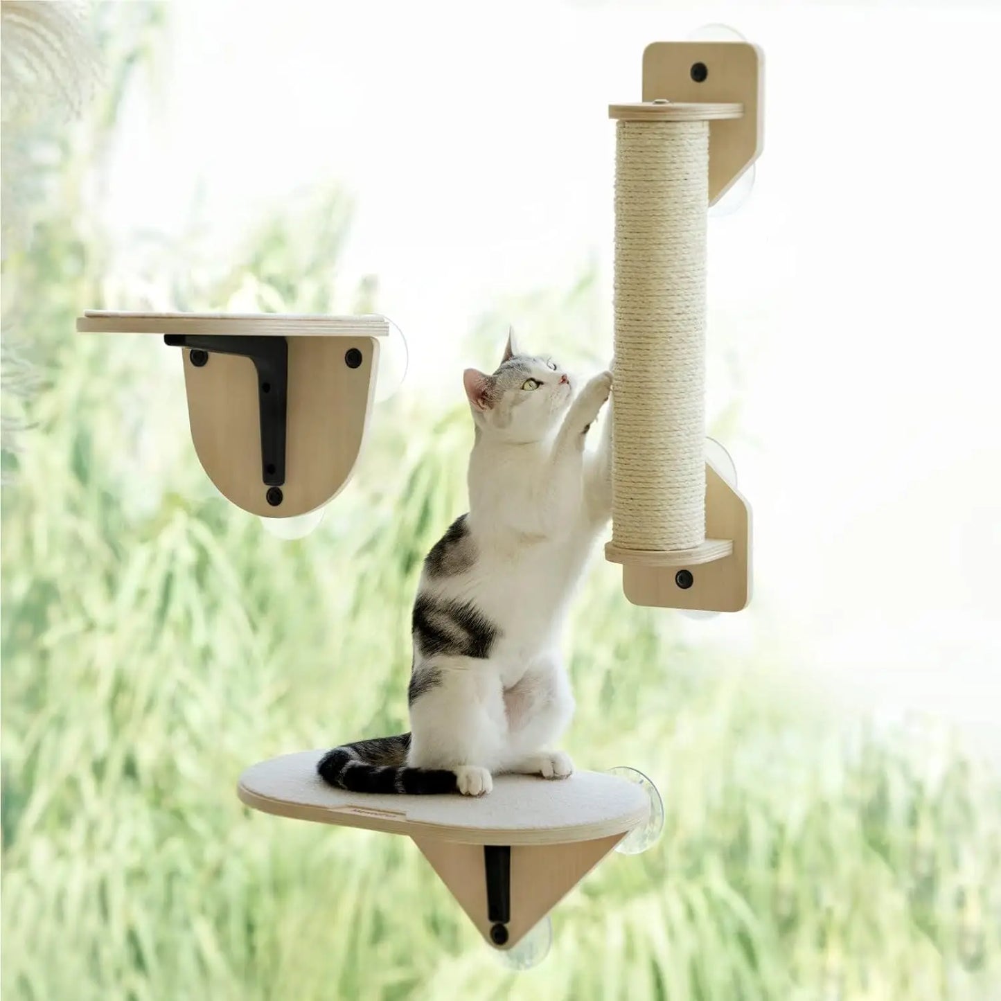 Mewoofun Cat Window Perch Hammock Wooden Window Mounted Cat Bed with Climbing Steps and Scratching Post for Indoor Cats