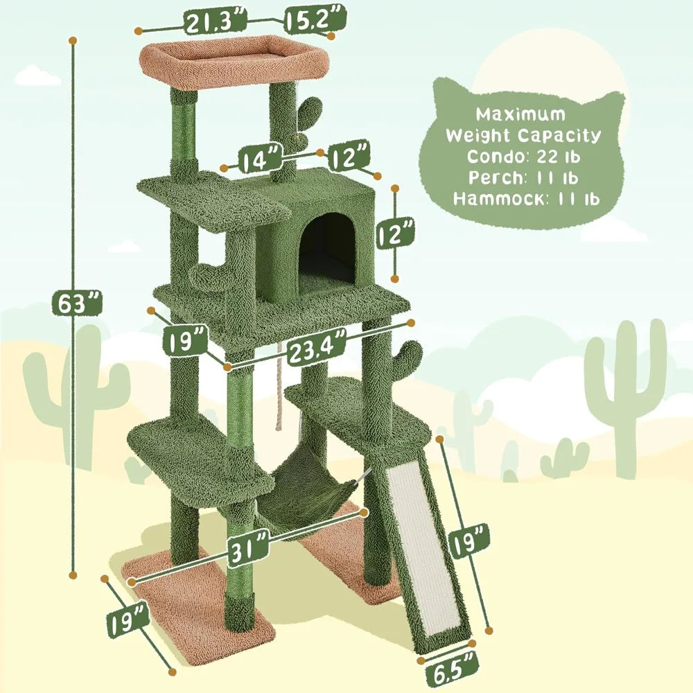 Cactus Cat Tree, 63″ H Multi-Level Cat Tower for Indoor Cats, Tall Climbing Tower with Sisal-Covered Scratching Posts
