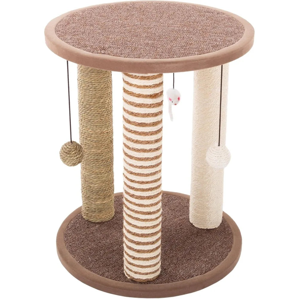Cat Scratching Post - 3 Scratcher Posts with Carpeted Base Play Area and Perch - Furniture Scratching Deterrent for Indoor