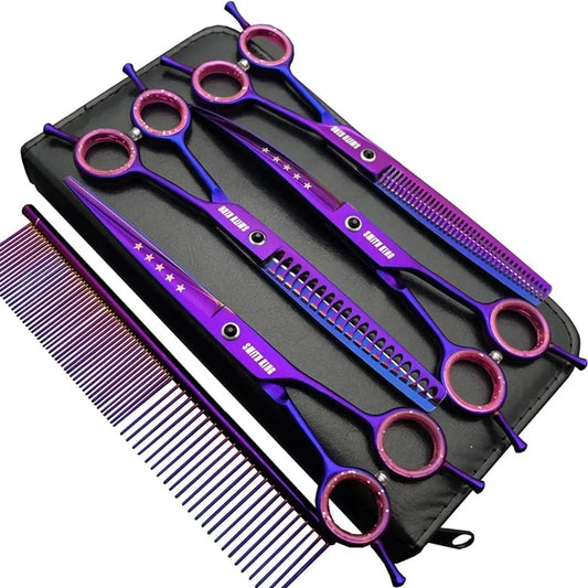 7.0 inches Professional Dog Grooming Scissors Set Straight thinning Curved chunkers comb 5pcs in 1 Set for lefthanded right han