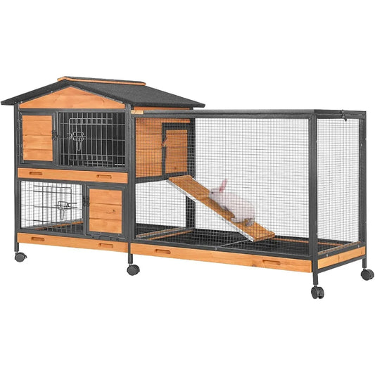 Rabbit Hutch with Chew-Resistant Metal Frame Indoor Bunny Cage Outdoor Rabbit Cage with Wheels and Leakproof Tray