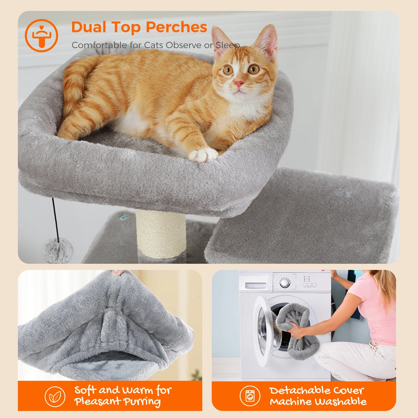 6-levels Safe and Stable Cat Tree with Soft Hammock,Dual Condos,Double Top Perches,5 Scratching Posts Suittable Multi Cats Home