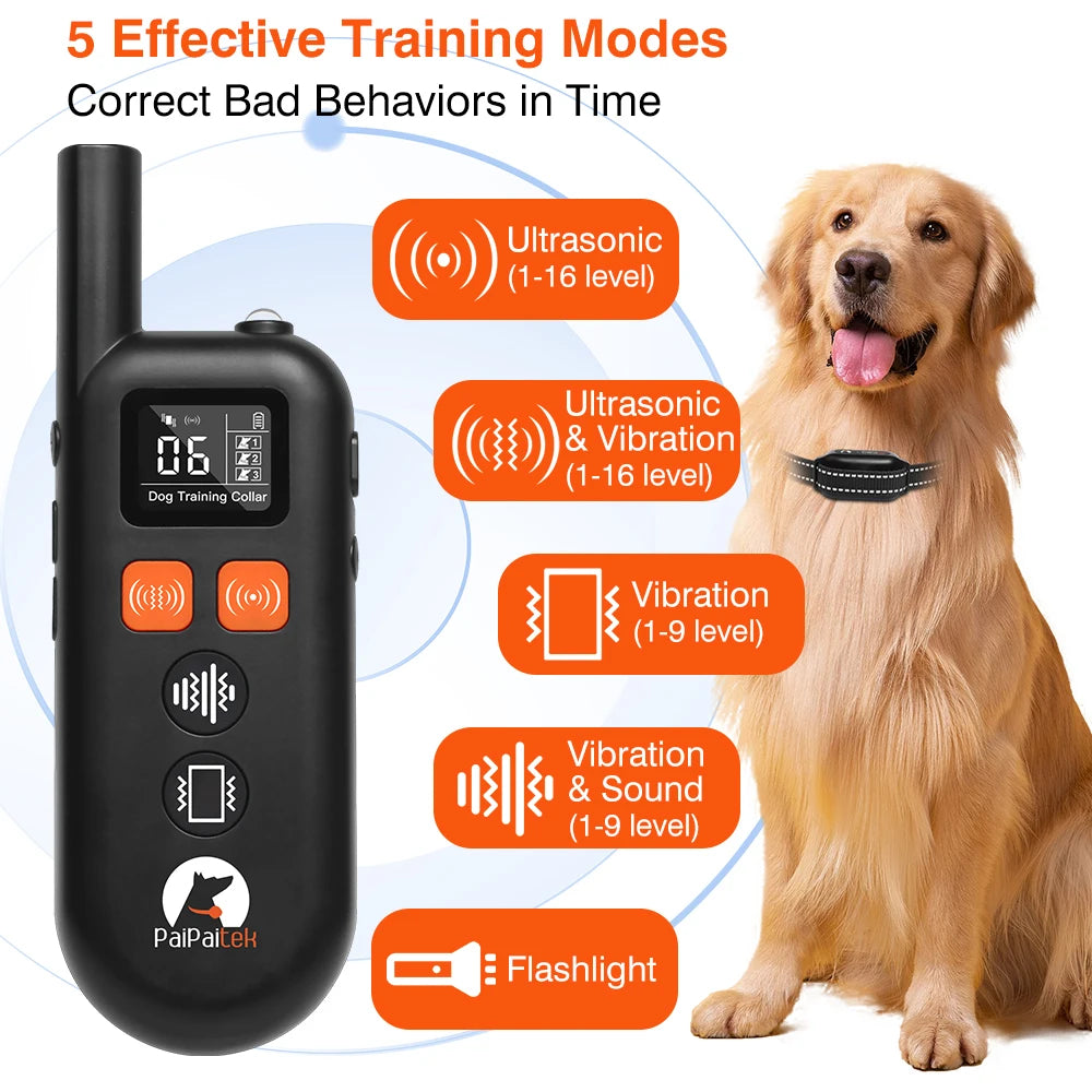 Ultrasonic Dog Training Collar with Remote 3300ft, 3 Modes Vibration / Beep, No Shock Security Lock for Small Medium Large Dogs