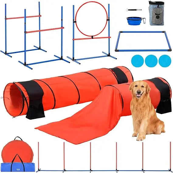 Dog Agility Course Backyard Set, 13pcs Agility Training Equipment for Dogs, 2 Tunnels with Sandbags,Adjustable Hurdles,Weave Po