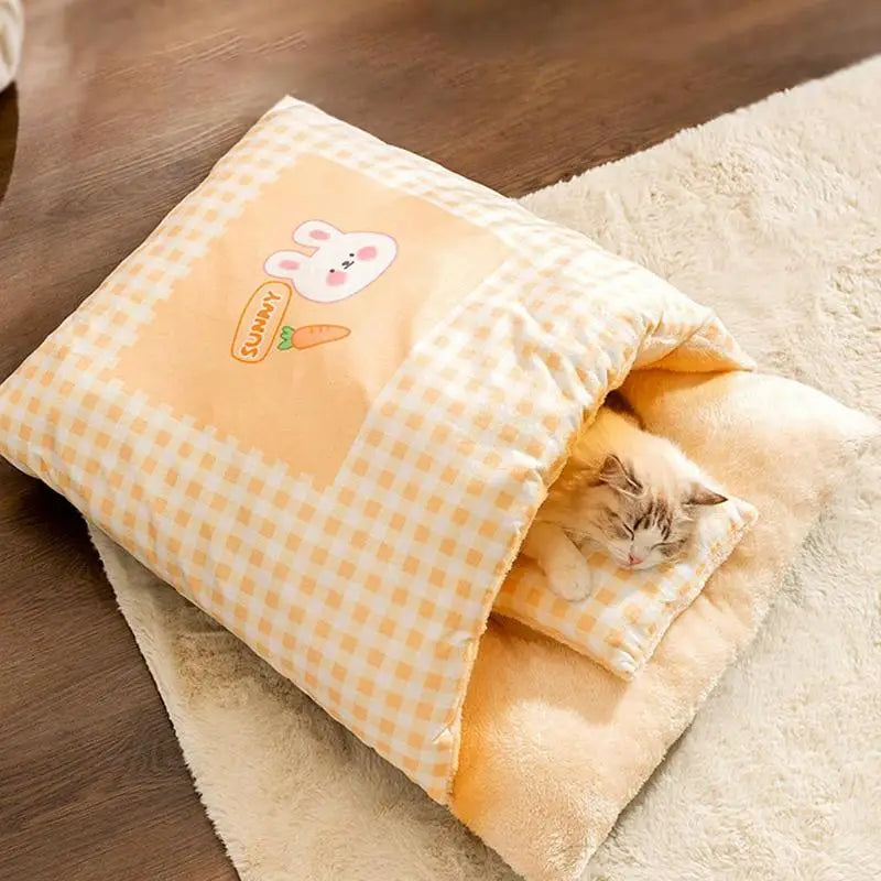 Cat Sleeping Bag Semi-Enclosed Puppy Kitten Warm Comfortable Bed With Pillow Plaid Pet Winter Thickened Plush Pocket Type Nest
