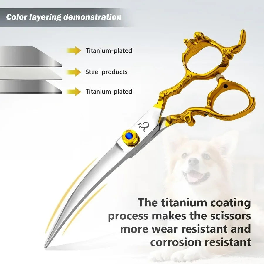 Dog Grooming ScissorsThinning Shear Chunkers Shears and Curved scissors with Safety Round Tips Sharp 3 in 1 Dog Scissors for Gr