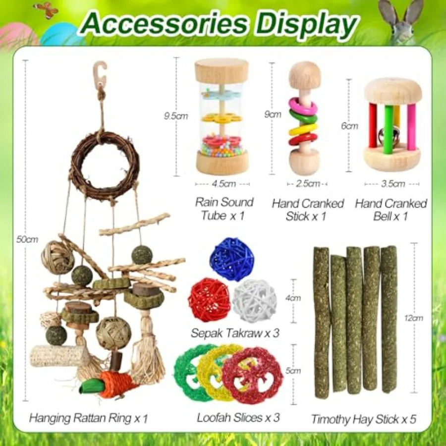 15PCS Rabbit Toys for Bunnies Boredom Enrichment with Chinchilla Hamster Rat Guinea Pig Bunny Toys for Rabbits Indoor Wooden Ha