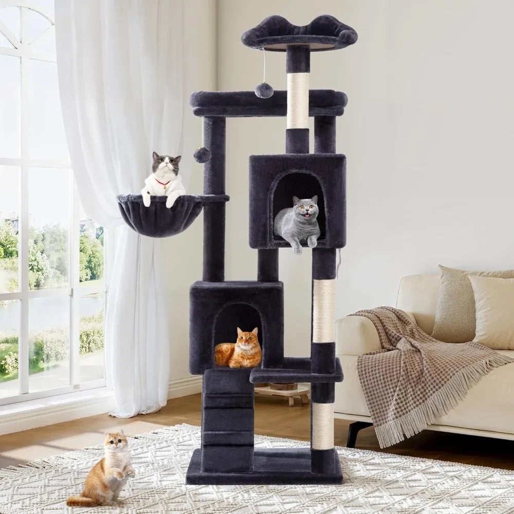 64-Inch Tall Cat Tower with Multi-Level Play Areas for Large Indoor Cats - Includes 2 Plush Beds, 2 Perches, Basket, and House w