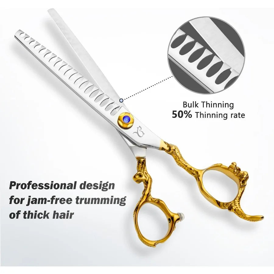 Dog Grooming ScissorsThinning Shear Chunkers Shears and Curved scissors with Safety Round Tips Sharp 3 in 1 Dog Scissors for Gr