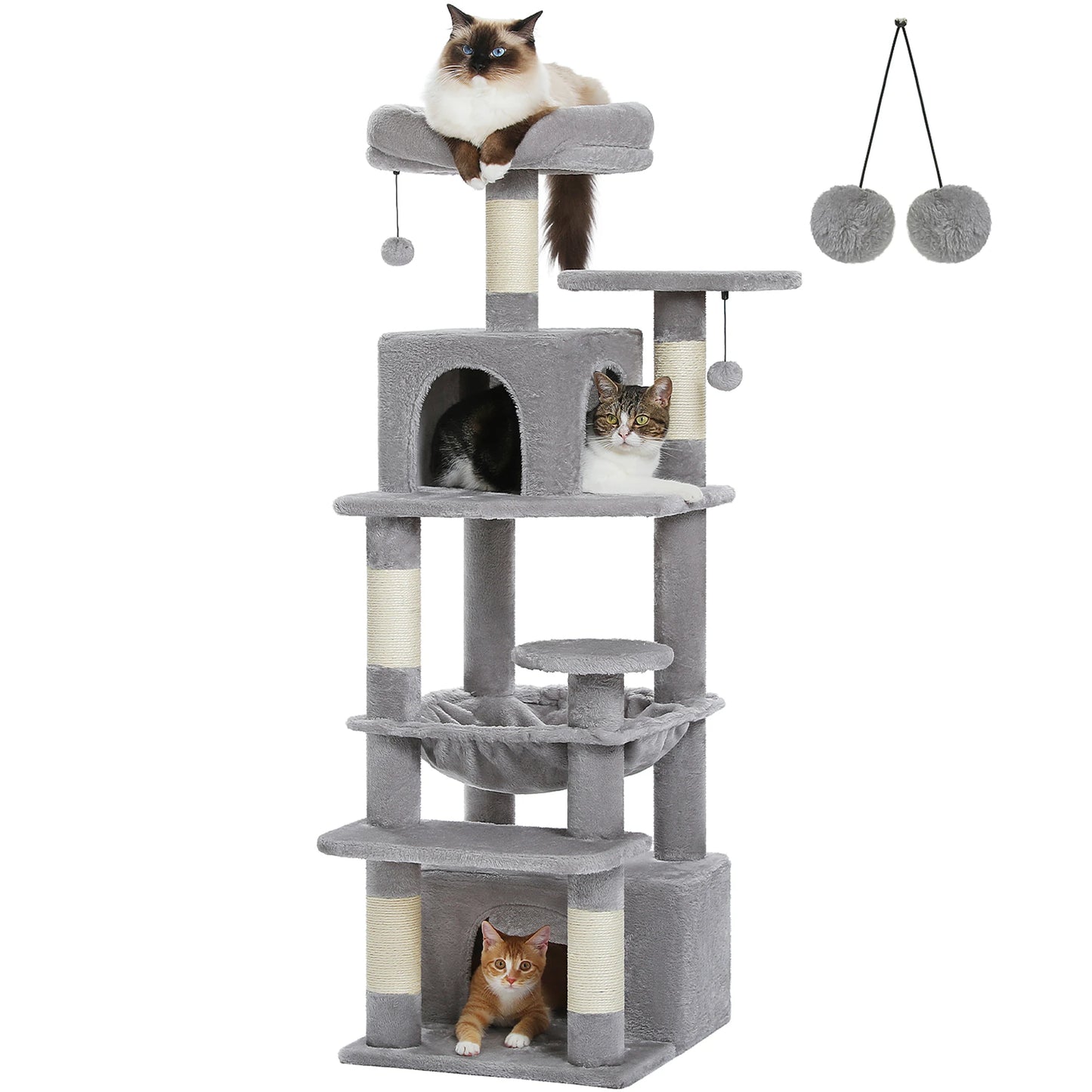 6-levels Safe and Stable Cat Tree with Soft Hammock,Dual Condos,Double Top Perches,5 Scratching Posts Suittable Multi Cats Home