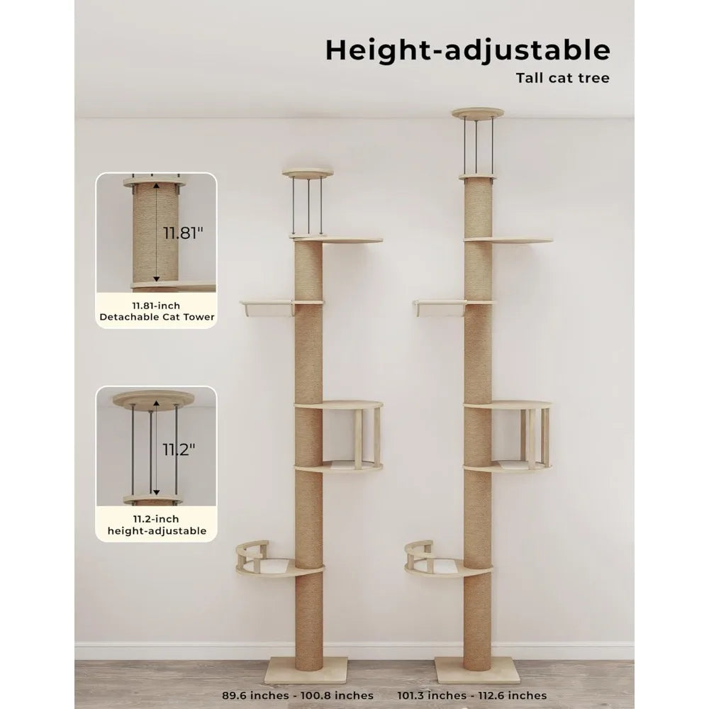 Floor-to-Ceiling Cat Tree, Adjustable (89-112 inches), Sturdy 5-Tier Tower for Large Cats. Features 5.5 Scratching Posts.