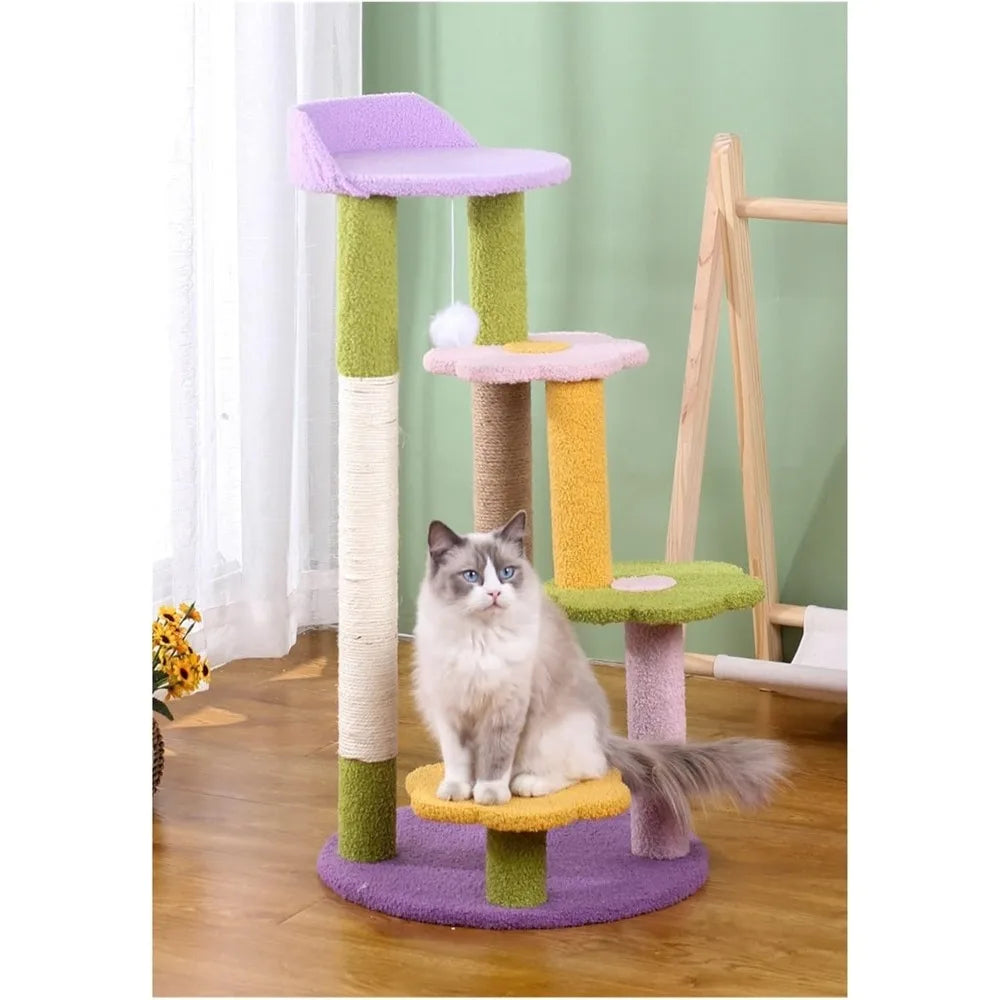 Three-Layer Cat Climbing Tower with Flower Design, Litter Included, Scratching Post, and Toys for One Cat's Play and Comfort