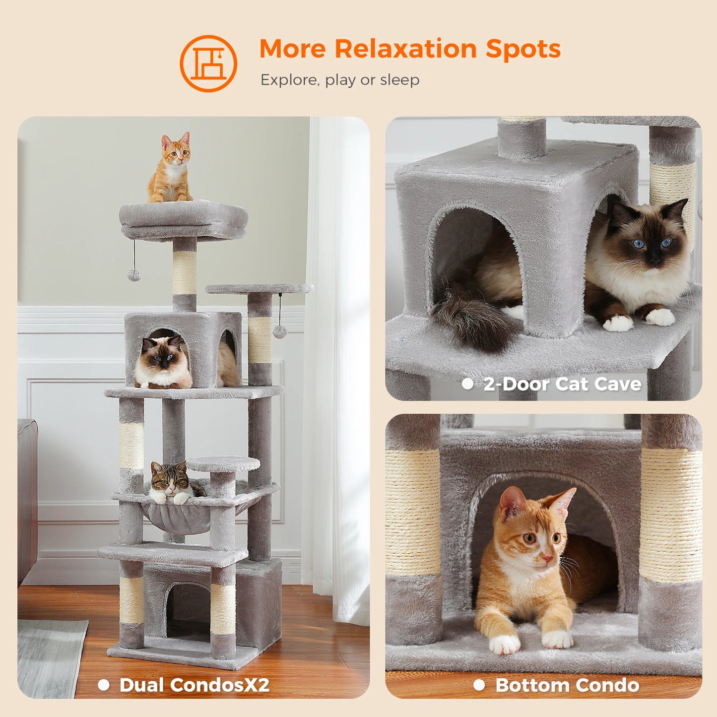 6-levels Safe and Stable Cat Tree with Soft Hammock,Dual Condos,Double Top Perches,5 Scratching Posts Suittable Multi Cats Home